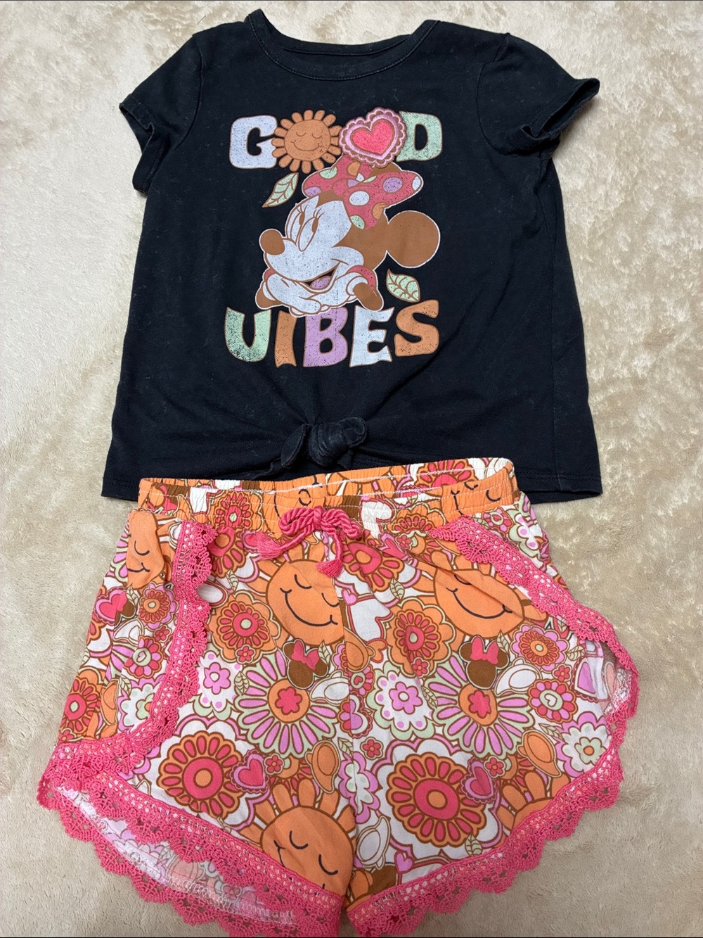 Disney Black Minnie 'Good Vibes' Top with Pink & Orange Floral Shorts Pajama Set